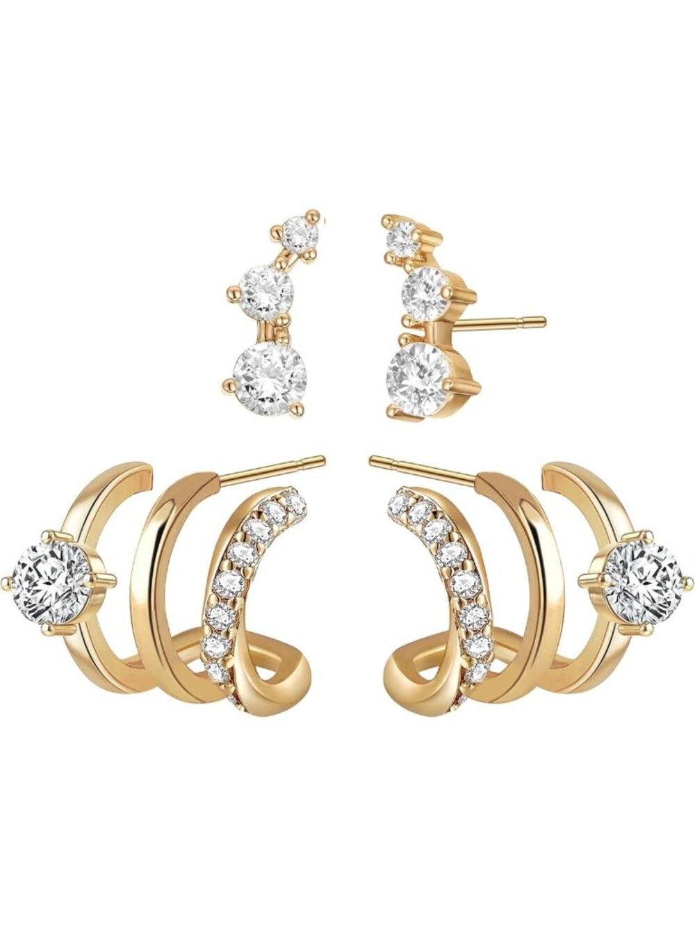 14K Gold Plated Triple Huggie Hoop Earrings | Claw Ear Cuff Jewelry Gift for Her
